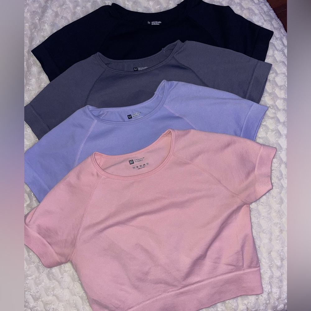 Set of Four Cropped T-Shirts in Pink, Blue, Gray, and Black